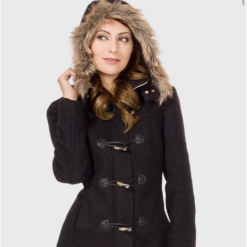 Alpine Swiss Duffy Women’s Wool Coat Fur Trim Hooded Parka Jacket. XL.